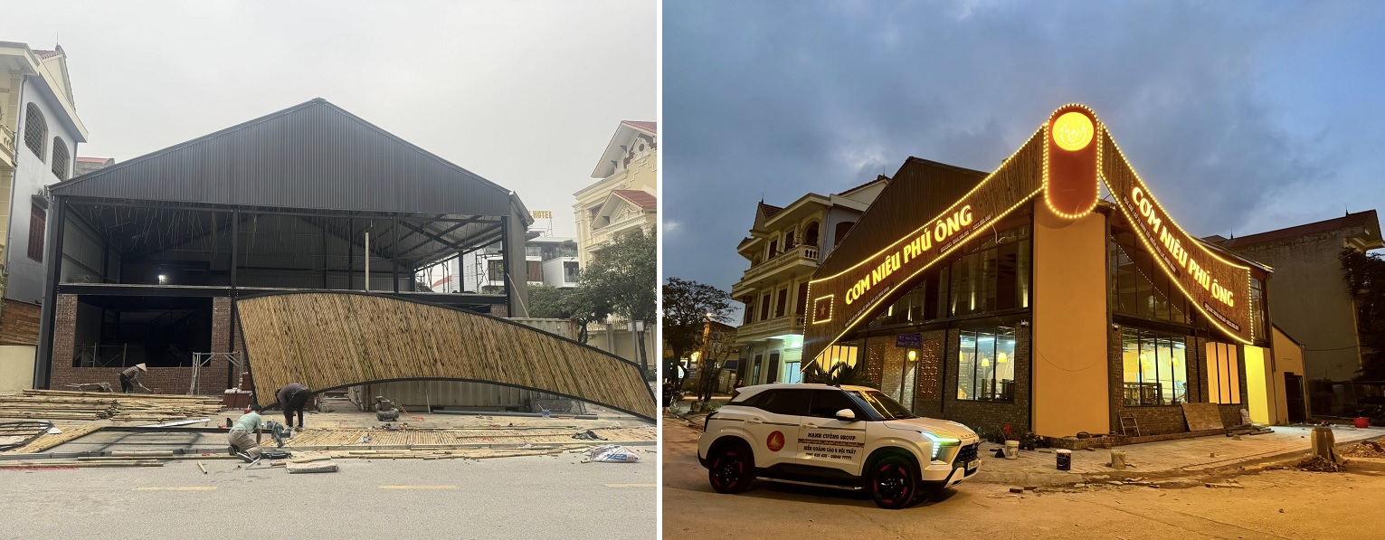 Làm biển quảng cáo mica Ninh Bình đẹp, bền, giá tốt – Thi công chuyên nghiệp 2 Hình ảnh trước và sau khi thi công biển quảng cáo mica tại Ninh Bình cho nhà hàng cơm niêu Phú Ông